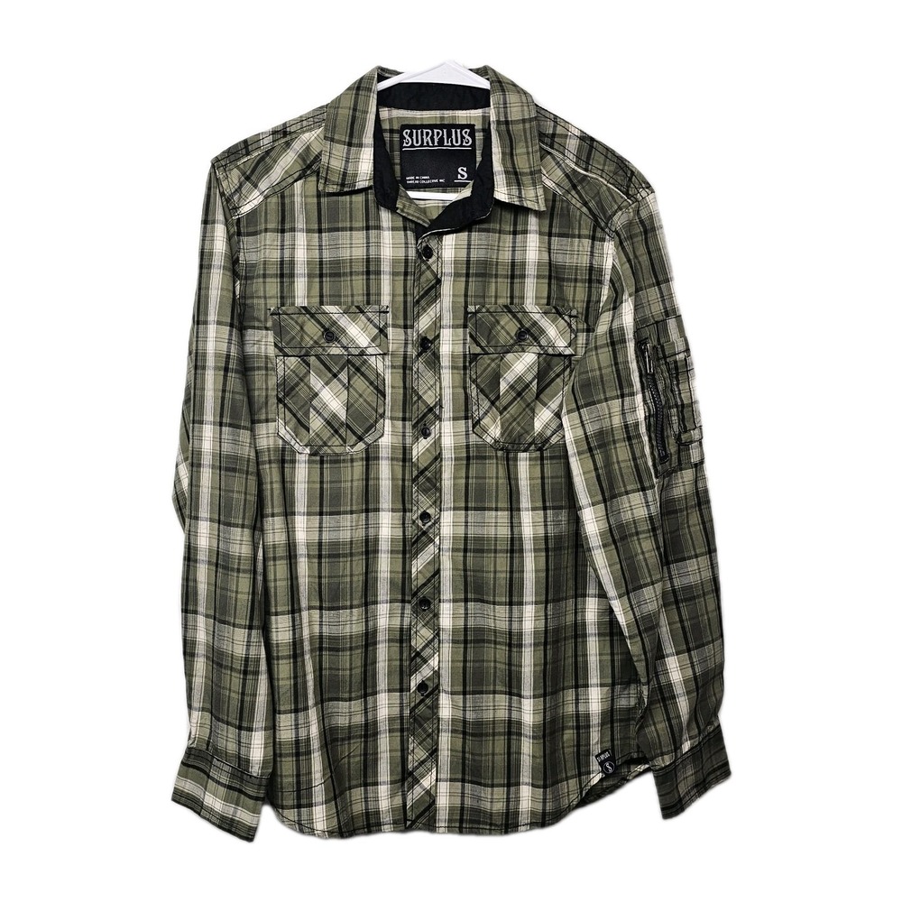 Surplus Shirt Mens Small Green Plaid Button Up Long Sleeve Casual Zipper Pockets